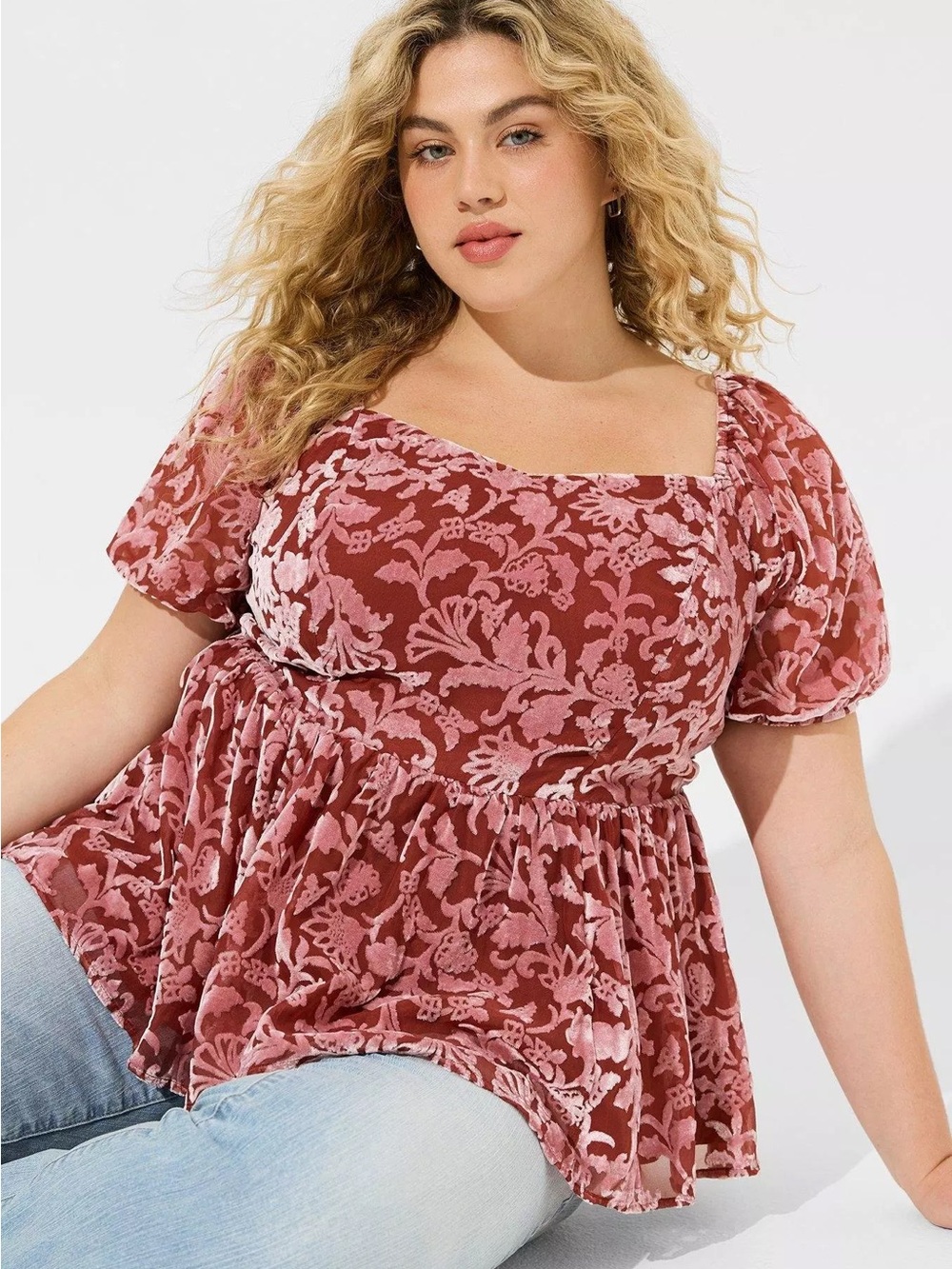 Torrid Babydoll Blouse Womens Size 0 Large Pink Floral Puff Sleeve Smocked Back - Picture 1 of 9